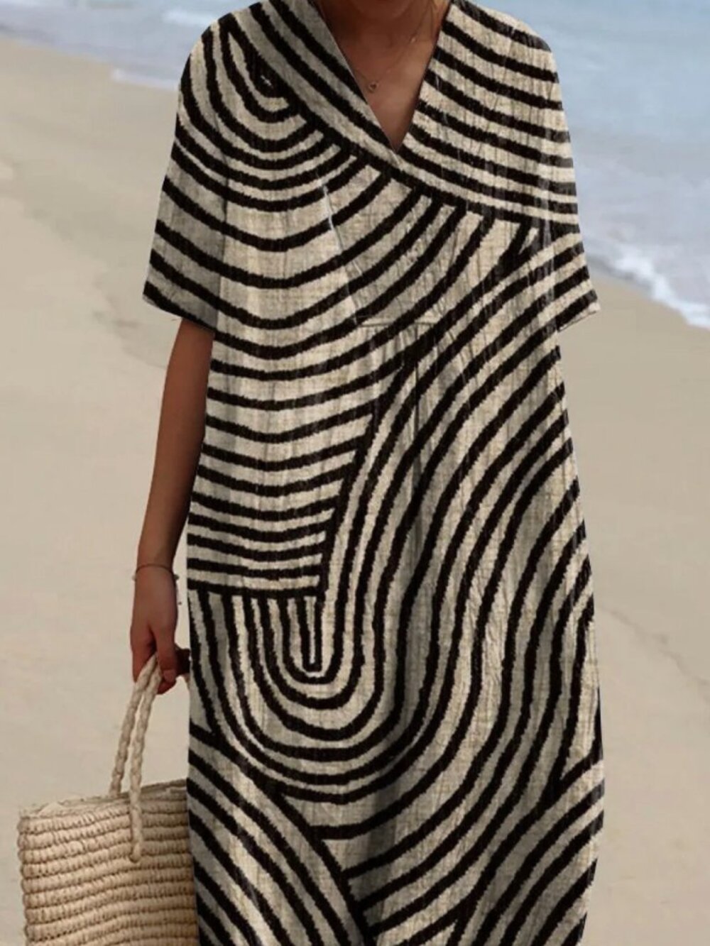 JINTE Graphic Brown and Cream Striped Dress Caftan Beach Coastal Size XL Maxi